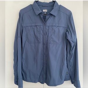 REI Sahara button up long sleeve hiking shirt dusty blue